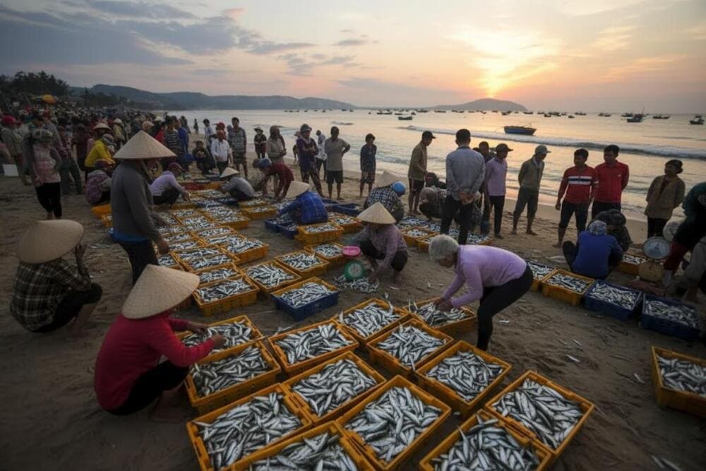 Bạn nên ghé làng chài vào buổi sáng để chứng kiến cảnh buôn bán tấp nập.